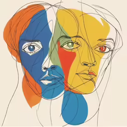 two people, one with a colored face, the other without