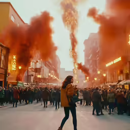 a woman in a crowd of people walking on a city street