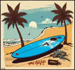 a painting of a surfboard resting on the beach,a poster depicting a surfboard with palm trees in the background