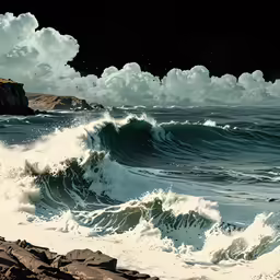 an oil painting of large waves crashing on the shore