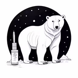 a polar bear and lipstick on a night sky,a pen and ink drawing of a polar bear, surrounded by space