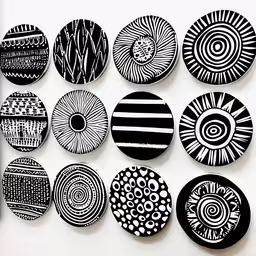 nine pieces of art made out of black and white paper,a number of circles and patterns on a wall