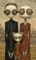 a painting of an alien couple and their child