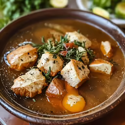 the bowl is filled with soup and vegetables