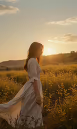 woman walking in field at sunset wearing long white dress