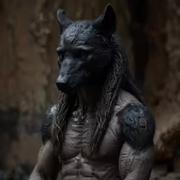 a dark skinned creature wearing a chain around his neck