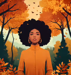a painting of a woman with an afro and birds flying above her head,a woman in an orange shirt in a field with leaves