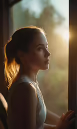 a beautiful young lady posing in front of the sun