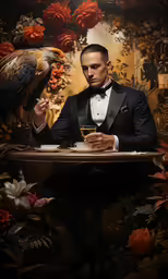a man in a tuxedo holding a glass of wine