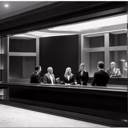 a black and white photo with five people sitting at a counter in a lobby