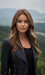 woman in leather jacket in the mountains looking at camera