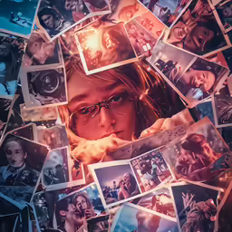 a woman with glasses looks out her eyes, surrounded by various photos