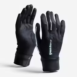 a pair of black gloves with the words snag and white writing on it