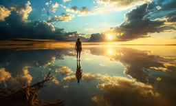 a person standing alone on the beach at sunset