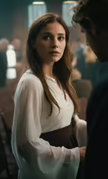 a woman with a white shirt and brown skirt in a meeting room