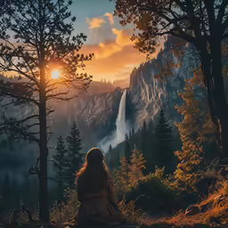 a woman sitting on a hillside with a waterfall in the distance
