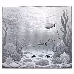 a penciled photo of an ocean bottom with fish and sea plants