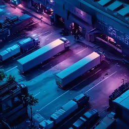 several big trucks that are parked in a lot