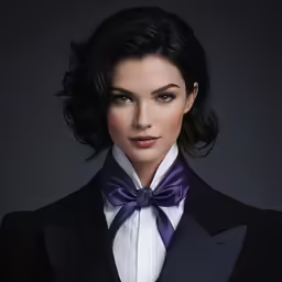 a woman wearing a black suit with a purple bow tie