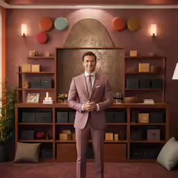 a man wearing a pink suit and tie stands in a room