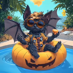 a cat sitting on top of a pumpkin in the pool