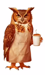an owl holding a cup of coffee in its paws