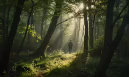 man walking up to the sun shining through trees