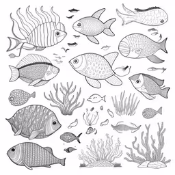 a black and white drawing of various fishes