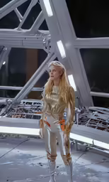 a beautiful blond woman in white clothes standing next to a structure