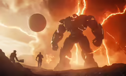 a person standing near another on top of a hill in front of a giant robot