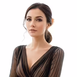 a model with black stripes on the top and a black dress with sheer fabric