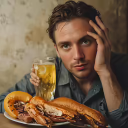 a man sitting in front of a giant sandwich and a beer