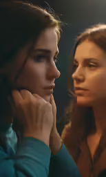 two young women are facing each other while they are staring