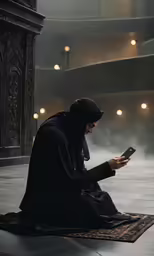 a man sitting on a floor and holding a phone