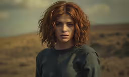 a young girl with red hair stands in an open plain