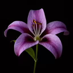 a single purple flower with rain drops
