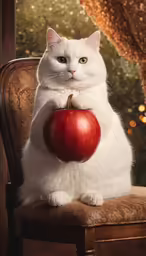 the cat is sitting on a chair holding a large apple