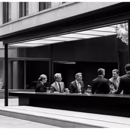 there are four men that are standing in front of the glass