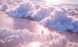 a man standing on a shore near the ocean surrounded by foamy water