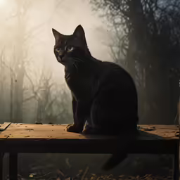 the cat is sitting on top of a table outdoors