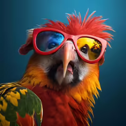 a bird with colorful feathers wearing red glasses