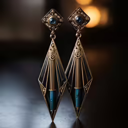 an ornate pair of earrings with a blue stone and black crystal in the center