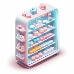 the white and blue case has different types of cakes