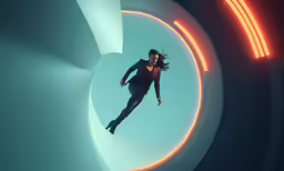 a woman in a black suit flying through the air