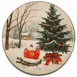 a red ceramic plate decorated with christmas decorations and a tree