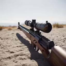 a close up of a rifle on a sand ground