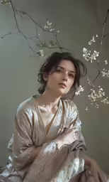 a woman sitting on the floor with her arm crossed near a branch