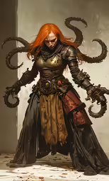 the red haired woman dressed in armor stands with her arms wide open