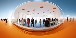 people standing in a futuristic office room with orange floor