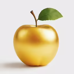 an golden apple with a green leaf is shown in this image